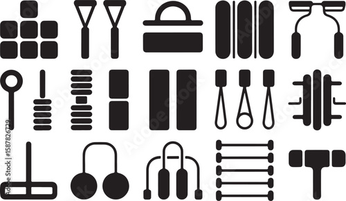 Collection of 18 Black-and-White Fitness Icons Featuring Dumbbells, Resistance Bands, Jump Ropes, Hand Grips, and Gym Accessories in Minimalist Silhouette Style