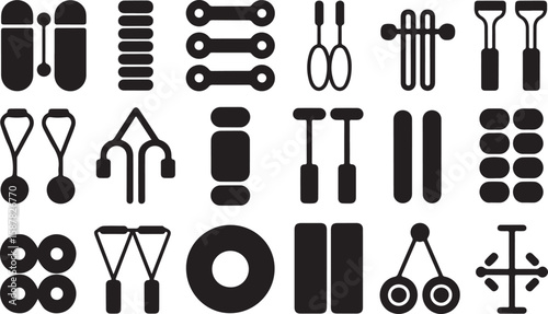 Collection of 18 Black-and-White Fitness Icons Featuring Dumbbells, Resistance Bands, Jump Ropes, Hand Grips, and Gym Accessories in Minimalist Silhouette Style