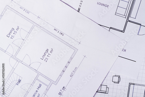 Construction background. House plan on table texture. Working drawings of a house project design..