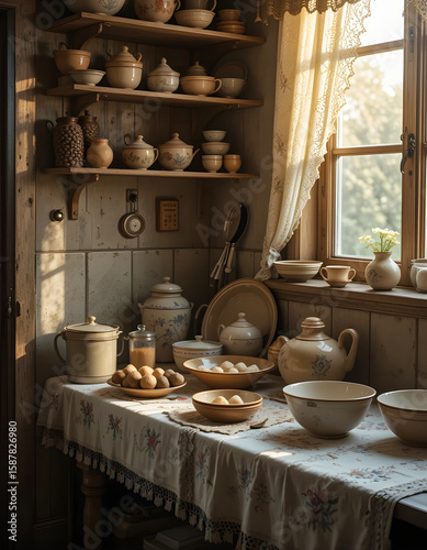 Vintage country kitchen scene showcasing pottery, tableware, and natural sunlight streaming through a lace curtain window.