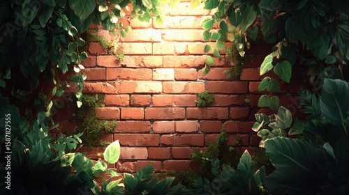 Sunlit brick wall adorned with lush green ivy and moss, creating a serene and natural atmosphere.