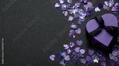 Purple heart-shaped gift box with black ribbon surrounded by scattered purple heart confetti on a textured black background.