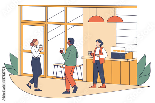 Colleagues chat and sip coffee while standing in a cozy modern café, enjoying a quick break in modern flat illustration style.