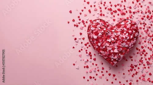 A heart-shaped decoration made of red and pink confetti hearts on a pink background, symbolizing love and romance.