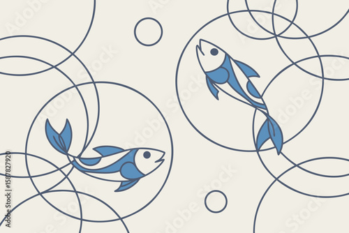 Abstract composition of blue glass shapes and reflective circles forming a calming visual pattern in modern flat illustration style.