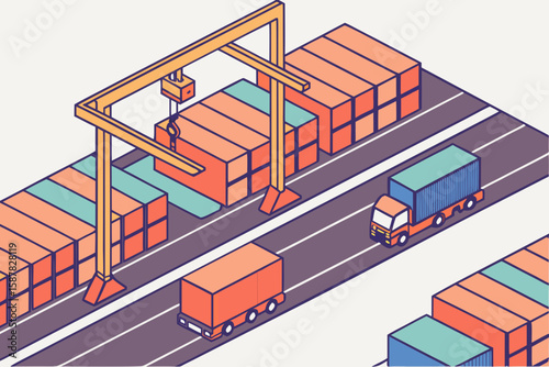 Aerial view of colorful shipping containers at a freight yard with lanes and transport vehicles in modern flat illustration style.