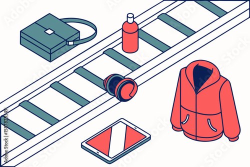 Assorted travel essentials laid out at an airport security checkpoint, ready for boarding in modern flat illustration style.
