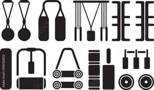 Set of Ten Black-and-White Fitness Equipment Icons Featuring Resistance Band Handles, Gymnastic Rings, Straps, and Suspension Trainers