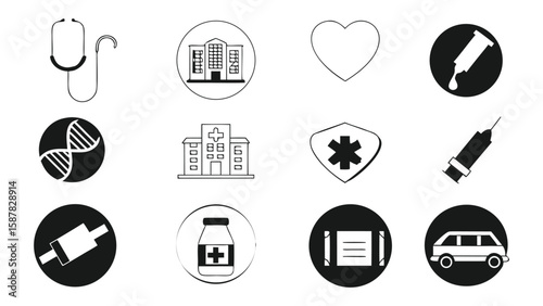 Healthcare and medical icons set including hospital stethoscope heart syringe dna pill and ambulance symbols
