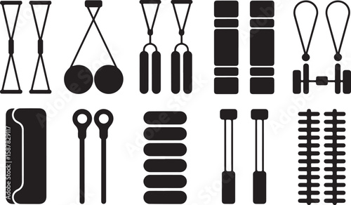 Set of Ten Black-and-White Fitness Equipment Icons Featuring Resistance Band Handles, Gymnastic Rings, Straps, and Suspension Trainers