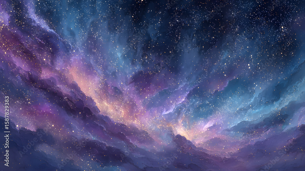 Obraz premium Beautiful fantasy starry night sky, blue and purple colorful, galaxy and aurora 4k wallpaper. cosmic watercolor illustration. Colorful space background with stars