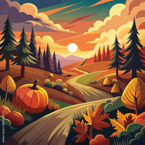 Pumpkin autumn fall harvest illustration vector with trees and leaves for Thanksgiving