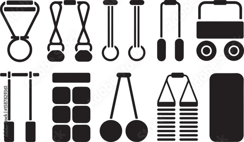 Set of Ten Black-and-White Fitness Equipment Icons Featuring Resistance Band Handles, Gymnastic Rings, Straps, and Suspension Trainers
