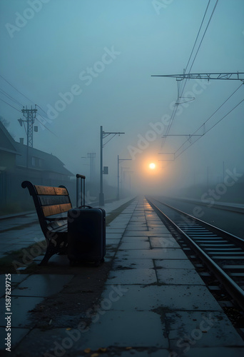 Moody train station scene with a suitcase on the bench, evoking a sense of travel, fog, and anticipation for the journey ahead.