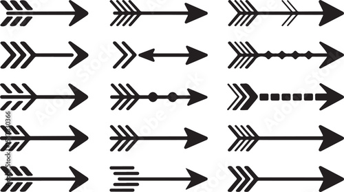 Collection of Fifteen Black-and-White Right-Pointing Arrow Designs Featuring Unique Patterns on Fletching, Shaft, and Arrowhead
