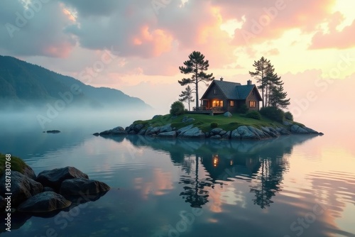 Cozy island cottage, morning mist, Thousand Islands archipelago , picturesque, st lawrence