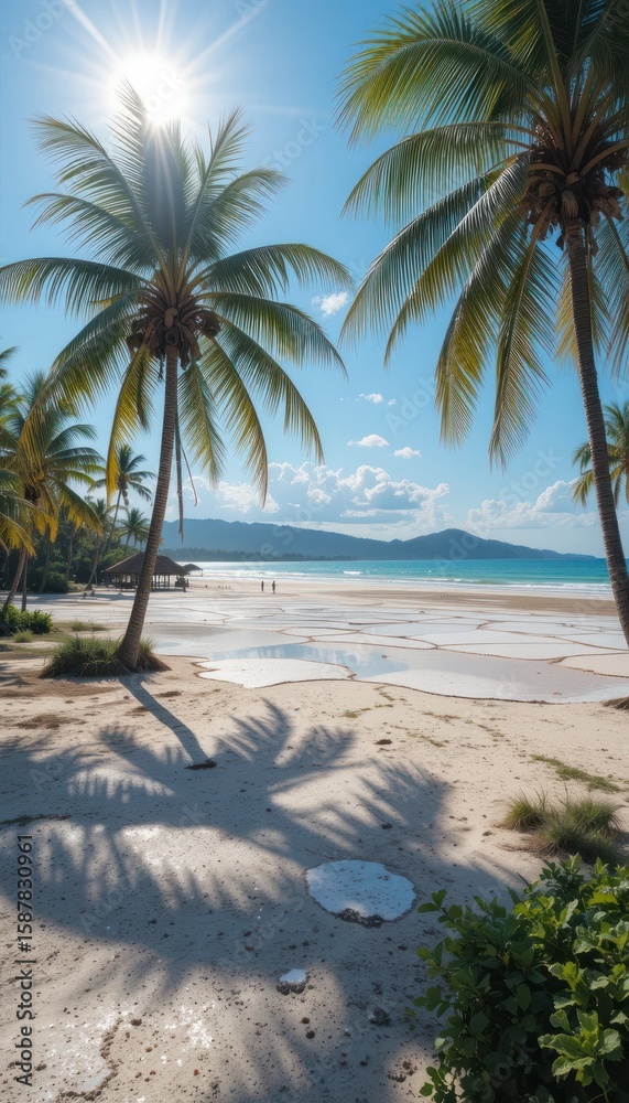 Obraz premium Sunlit Paradise: Tropical Beach Scene with Palm Trees