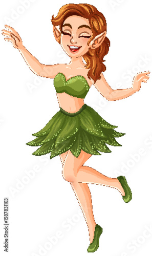 Joyful Fairy Dancing in Green Forest Attire