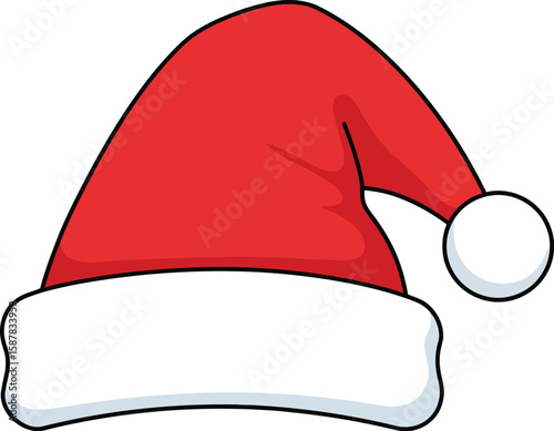 A cheerful cartoon Santa Claus hat, red with white trim and pom-pom.