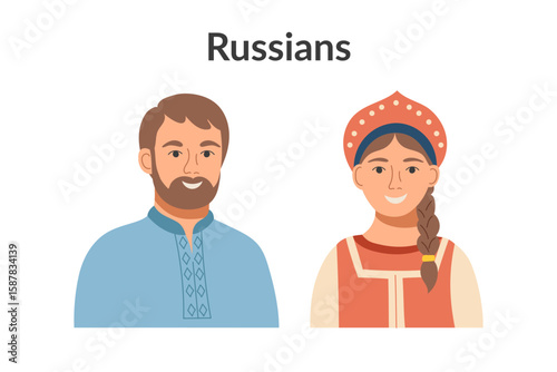Russians ethnicity people isolated on a white background. Man and woman cliparts. Vector flat illustration.