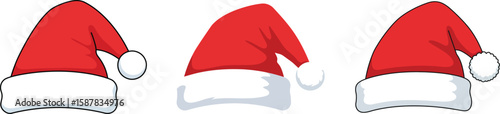 Three Icon Set cartoon Santa hats, red with white trim, displayed in various angles.