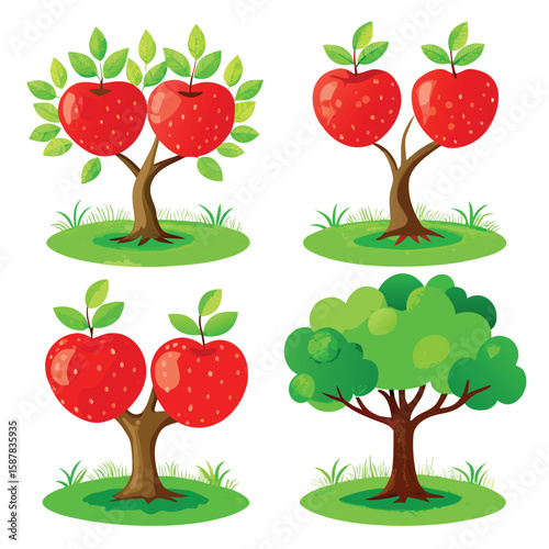 Vector illustration set of fruit trees with apples, berries, and cherries