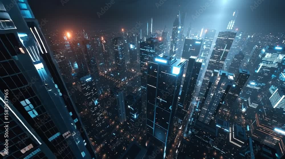 drone view of a futuristic city at night, glowing neon lights, glass skyscrapers reflecting the stars, soft atmospheric haze, cinematic mood