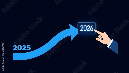 Blue arrow points toward glowing year 2026 2025