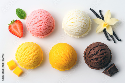 Assortment of ice cream scoops with ingredients on white background. Includes strawberry, vanilla, mango and chocolate flavors. Different flavors of ice cream, top view. Flat lay.