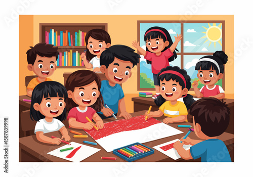 Indonesian Kids Drawing the National Flag – Flat Vector for Independence Day