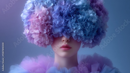 A woman with lips visible is adorned with a headpiece of blue and pink hydrangea flowers, creating a dreamy, ethereal look against a soft purple background.