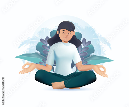 Yoga Woman in Lotus Pose 3D render vector illustration. Beautiful girl doing yoga illustration, international yoga day, yoga day banner, yoga day background. Tranquil women with closed eyes meditate