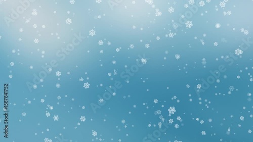 Winter background with falling snowflakes on blue sky background. Seamless loop.