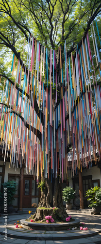 Stunning wish tree adorned with colorful ribbons graces the courtyard, creating a vibrant and whimsical scene under the bright sky.