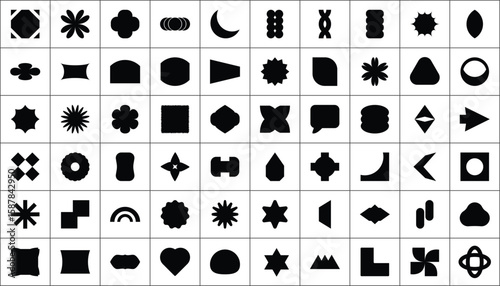 Variety retro shapes, Black and white funky geometric elements, Geometric contemporary y2k shapes, modern and abstract shapes, flat vector Illustration set, New retro design symbols