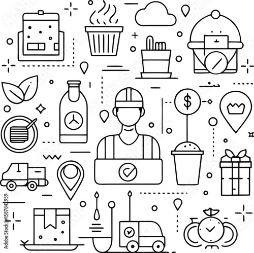 Delivery and logistics icons including worker truck gift and money symbols
