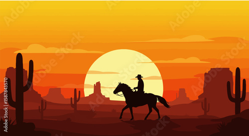 Silhouetted Cowboy on Horseback at Sunset in Western Desert Vector with Cacti and Mesas in Warm Gradient Tones