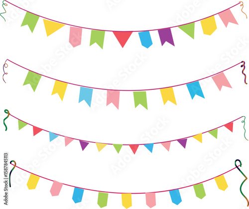 single line art buntings garland. Celebration party hand drawn flags. Vector illustration ,liner style 