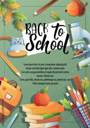 Vector school scene with books microscope backpack pencils and apple on green background perfect for back to school posters and flyers