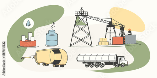 Stylized Illustration of Oil and Gas Industry Elements Depicting Extraction Processing and Transportation with Soft Colors and Clean Lines