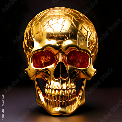 A shiny, golden skull with intricate cracks and orange accents.