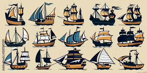 Collection of Stylized Vintage Sailing Ships with Varied Sail Configurations and Hull Designs on a Neutral Background Nautical History