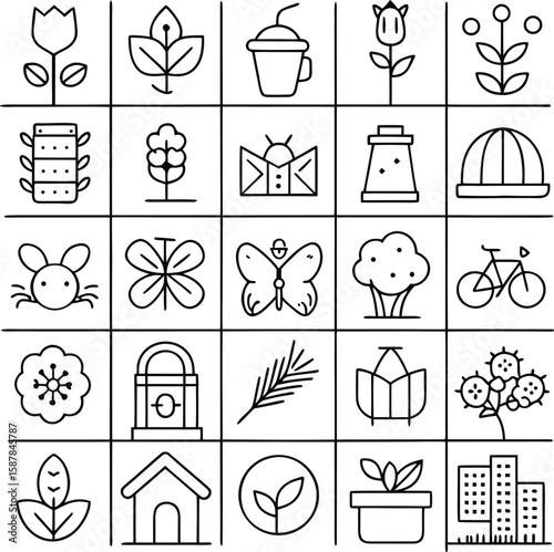 Collection of simple line art icons representing nature objects and buildings
