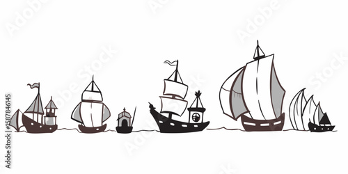 Hand Drawn Cartoon Ships Sailing on the Ocean in a Row Simple Line Art Style Nautical Theme Pirate Ships Voyage