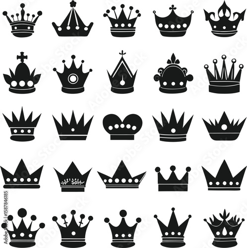 Collection of diverse black silhouette crown icons on a white background
