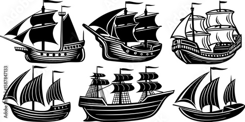 Collection of Six Black and White Silhouette Illustrations of Classic Sailing Ships on a White Background for Graphic Design Projects