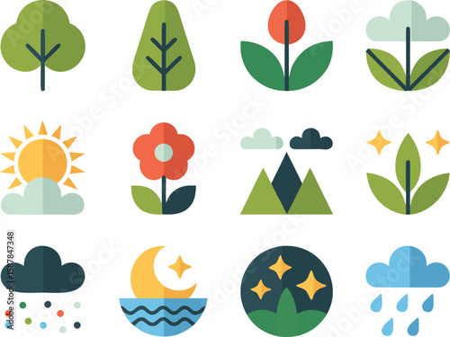 A set of flat icons depicting various natural elements and cycles, including trees, flowers, sun, clouds, rain, mountains, moon, and stars.