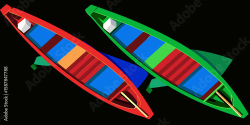 Colorful Canoes Illustration with Red and Green Boats on a Black Background Ideal for Summer and Outdoor Adventure Themes