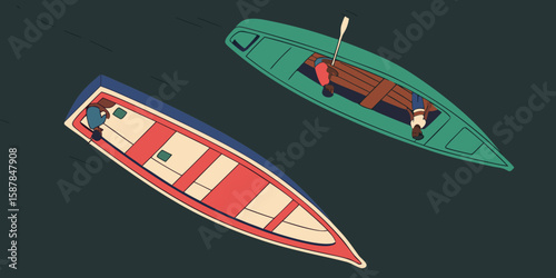 Aerial View of Two Small Boats on Dark Water with People Inside