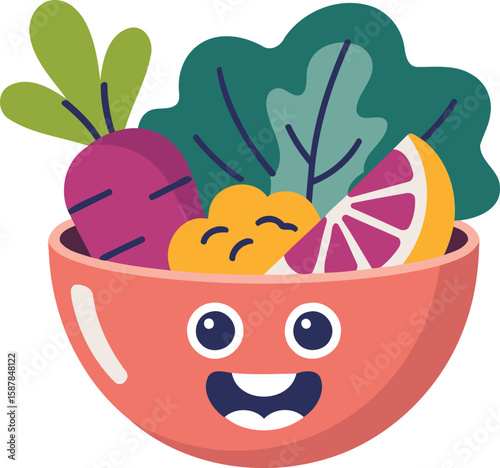 Cute Cartoon Happy Bowl of Healthy Vegetables and Fruits Flat Cartoon Illustration